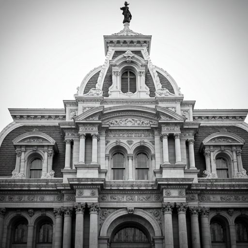 Monochrome civic architecture linked to the jurisdiction